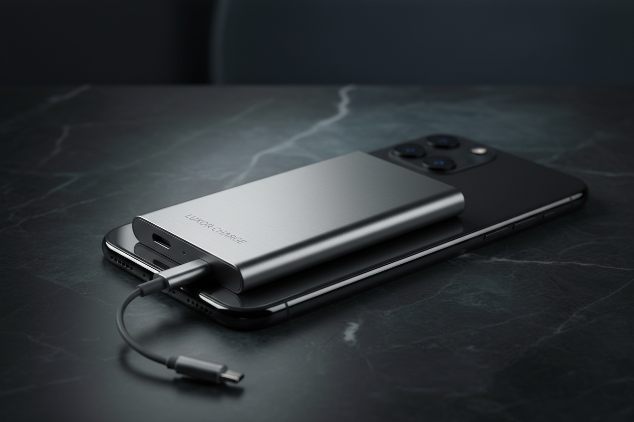 Ultra-thin alloy magnetic wireless power bank on dark marble surface with dramatic lighting