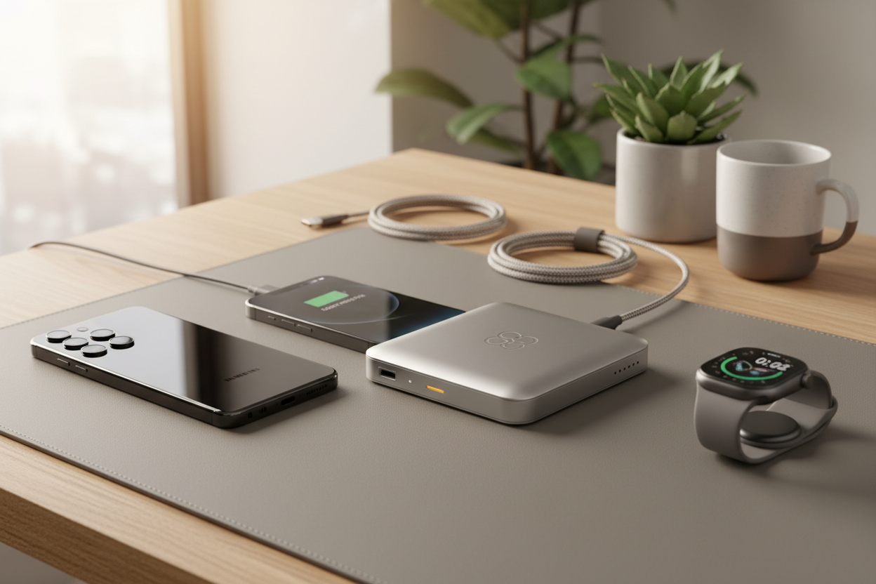 Magnetic wireless power bank charging iPhone, Samsung, and Apple Watch on modern desk