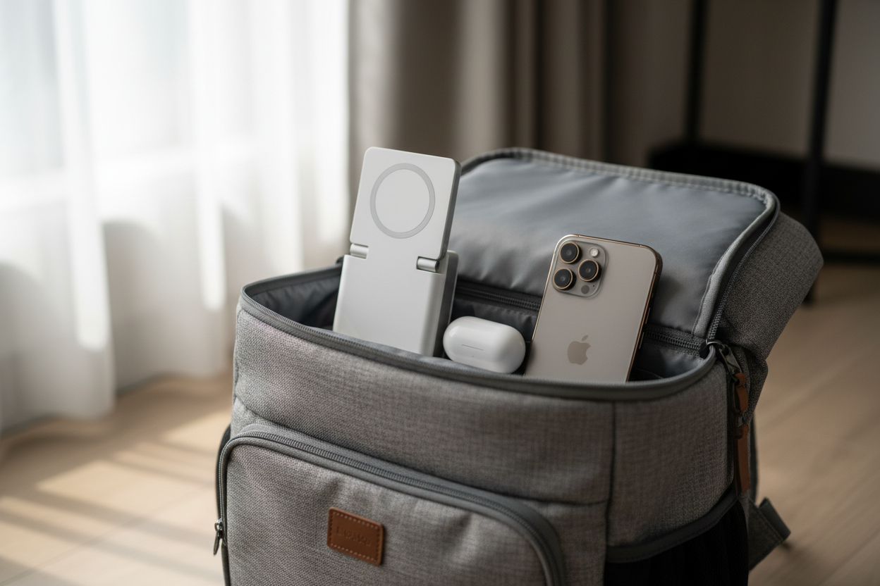 Foldable 3-in-1 wireless charger in white inside travel bag with iPhone and earbuds nearby