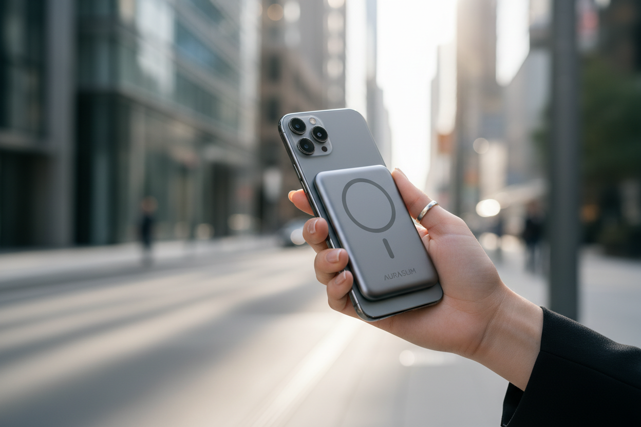 Ultra-slim MagSafe magnetic wireless power bank on iPhone in urban city setting