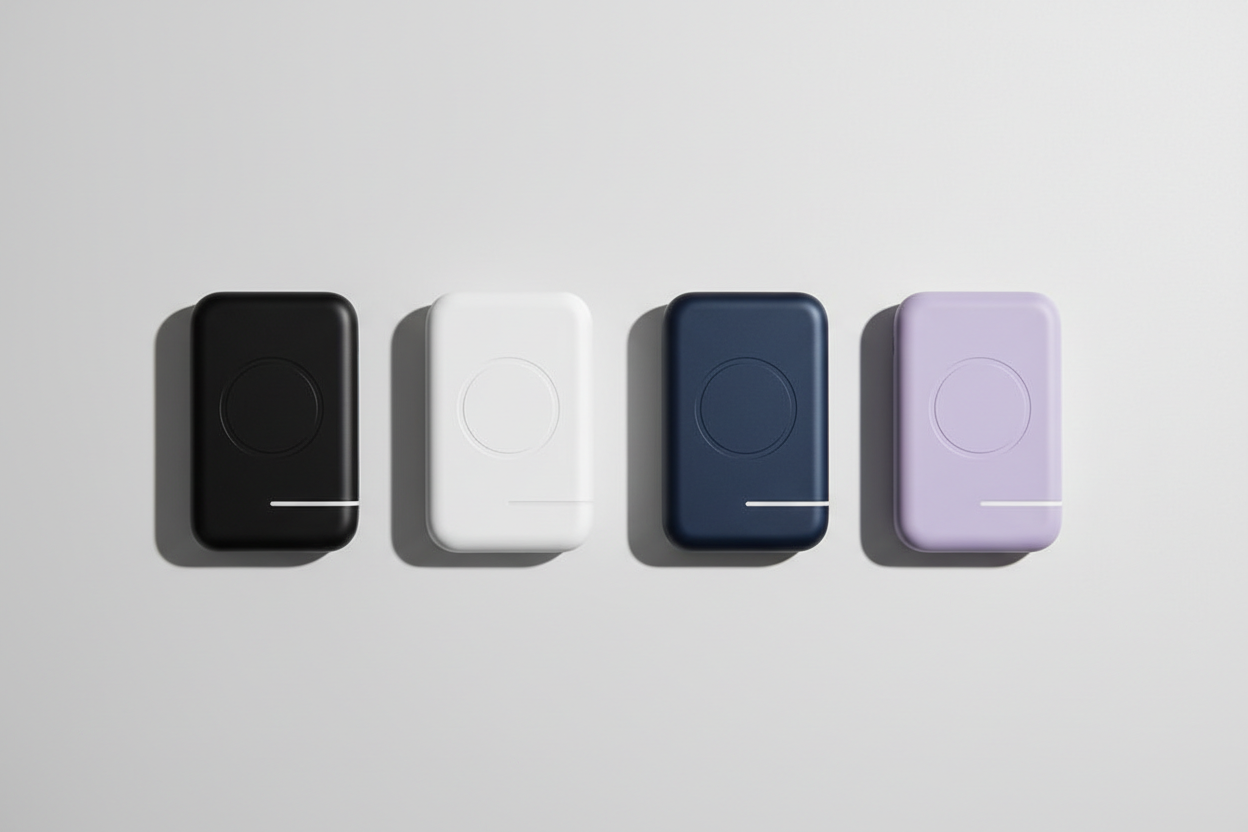 Four magnetic wireless power banks in black, white, blue and purple flat lay overhead shot